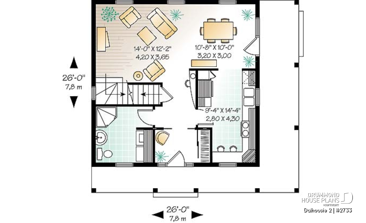 1st level - English inspired two-storey house plan with 3 bedrooms, 2 bathrooms, open floor plan concept - Dalhousie 2