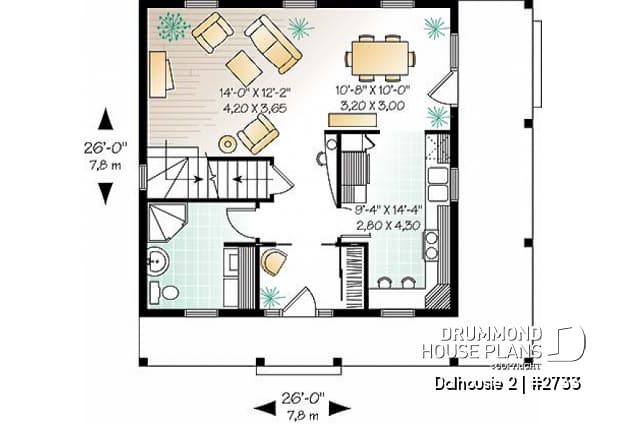 1st level - English inspired two-storey house plan with 3 bedrooms, 2 bathrooms, open floor plan concept - Dalhousie 2
