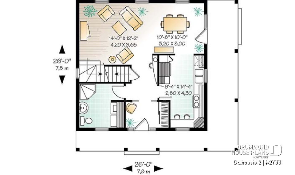 1st level - English inspired two-storey house plan with 3 bedrooms, 2 bathrooms, open floor plan concept - Dalhousie 2