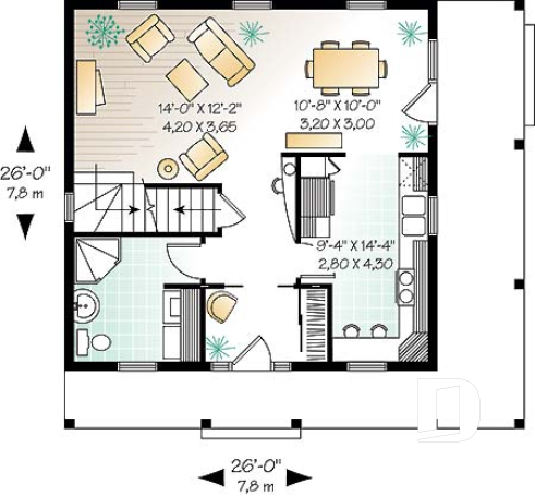 1st level - English inspired two-storey house plan with 3 bedrooms, 2 bathrooms, open floor plan concept - Dalhousie 2