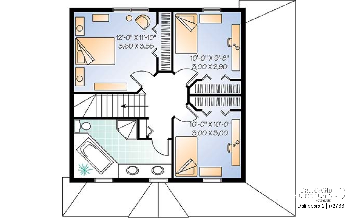 2nd level - English inspired two-storey house plan with 3 bedrooms, 2 bathrooms, open floor plan concept - Dalhousie 2