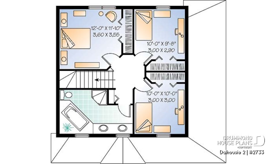 2nd level - English inspired two-storey house plan with 3 bedrooms, 2 bathrooms, open floor plan concept - Dalhousie 2
