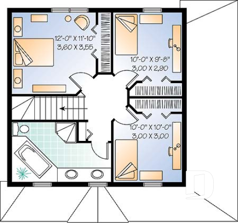 2nd level - English inspired two-storey house plan with 3 bedrooms, 2 bathrooms, open floor plan concept - Dalhousie 2