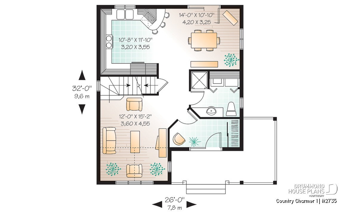 1st level - Country style small house plan with cathedral ceiling and 3 large bedrooms, remarkable storage in kitchen - Country Charmer 1