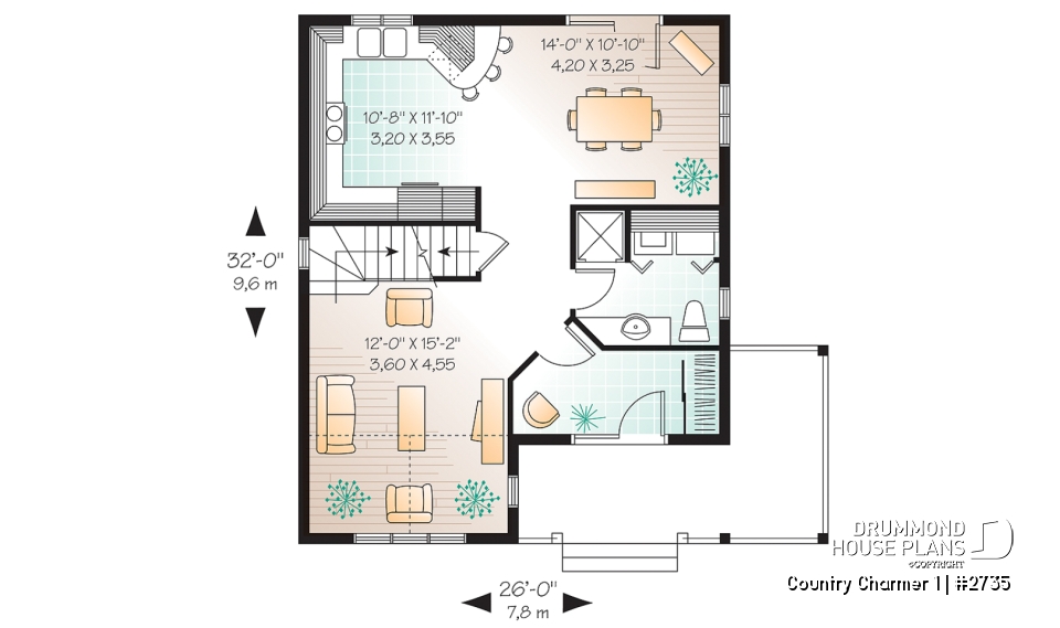 1st level - Country style small house plan with cathedral ceiling and 3 large bedrooms, remarkable storage in kitchen - Country Charmer 1