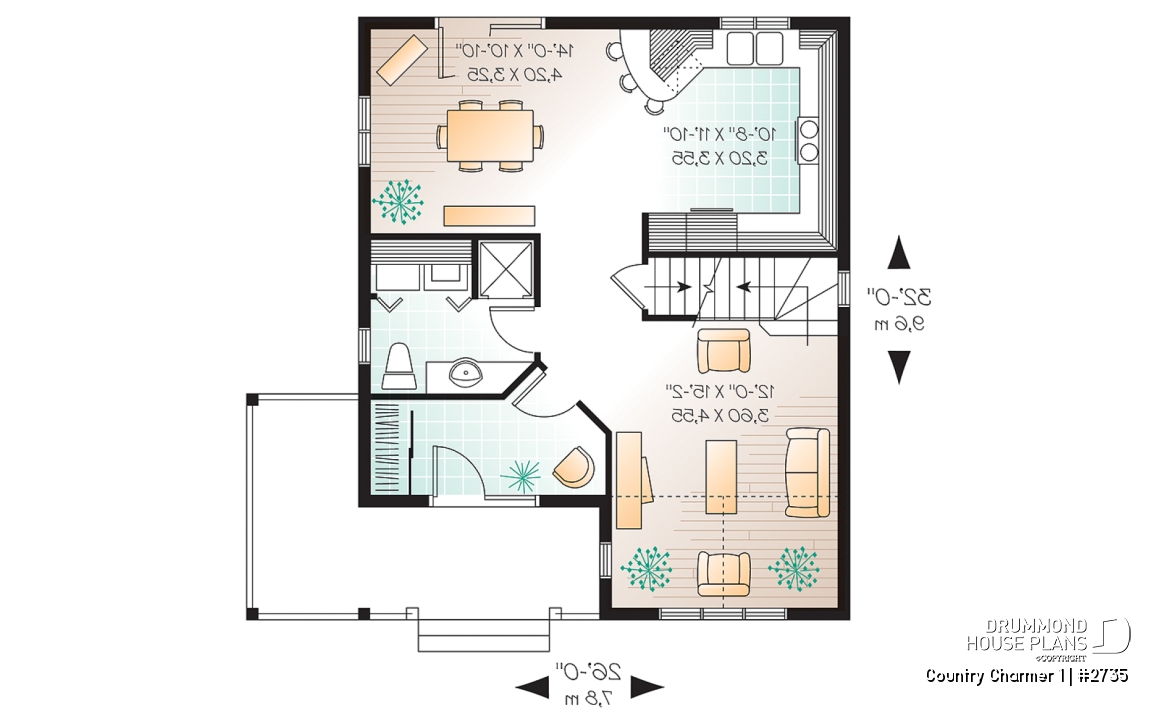 1st level - Country style small house plan with cathedral ceiling and 3 large bedrooms, remarkable storage in kitchen - Country Charmer 1