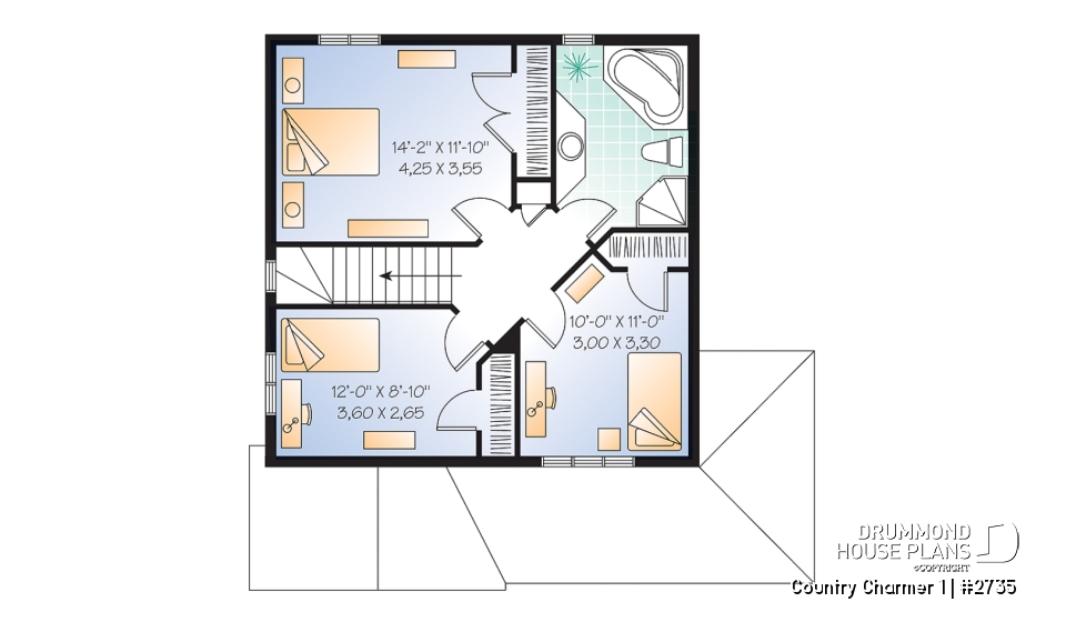 2nd level - Country style small house plan with cathedral ceiling and 3 large bedrooms, remarkable storage in kitchen - Country Charmer 1