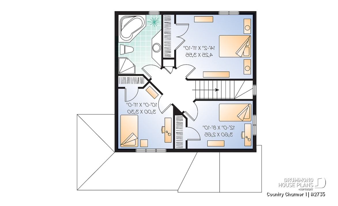 2nd level - Country style small house plan with cathedral ceiling and 3 large bedrooms, remarkable storage in kitchen - Country Charmer 1