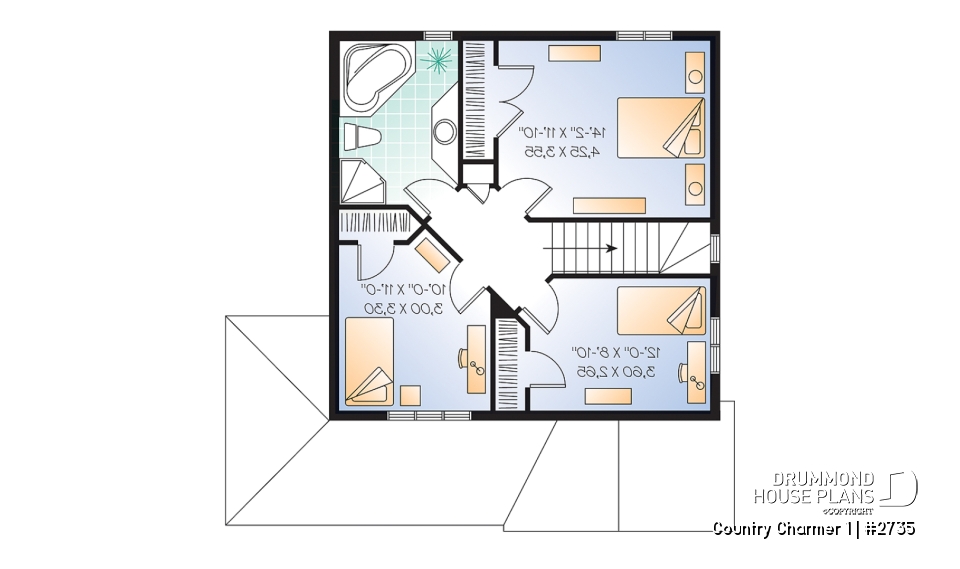 2nd level - Country style small house plan with cathedral ceiling and 3 large bedrooms, remarkable storage in kitchen - Country Charmer 1