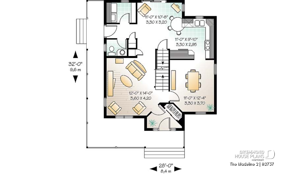 1st level - Country house plan, 3 bedrooms, covered warparound porch, breakfast nook, formal dining room - The Madeline 2