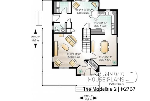 1st level - Country house plan, 3 bedrooms, covered warparound porch, breakfast nook, formal dining room - The Madeline 2