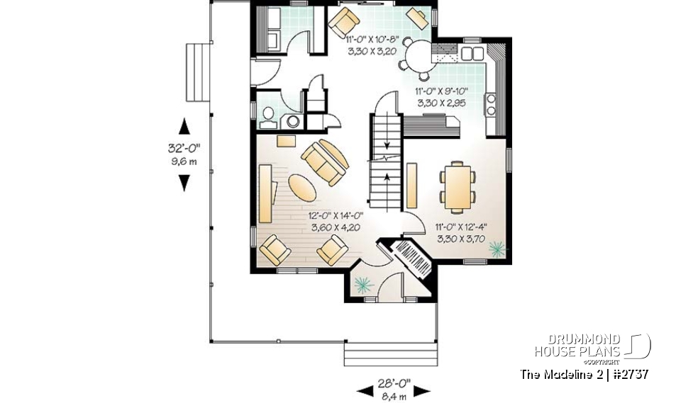 1st level - Country house plan, 3 bedrooms, covered warparound porch, breakfast nook, formal dining room - The Madeline 2