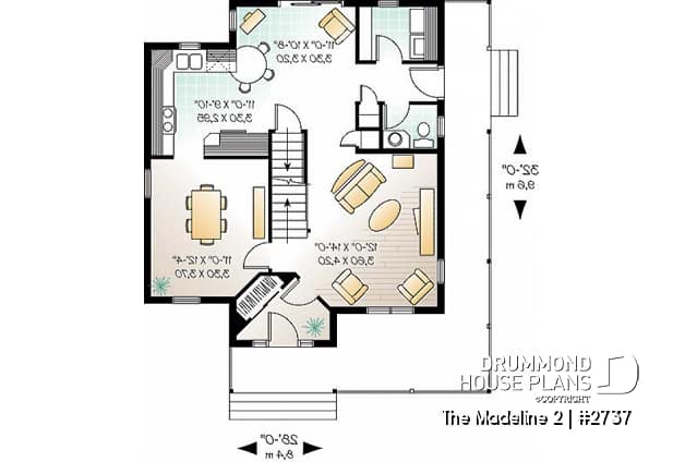 1st level - Country house plan, 3 bedrooms, covered warparound porch, breakfast nook, formal dining room - The Madeline 2