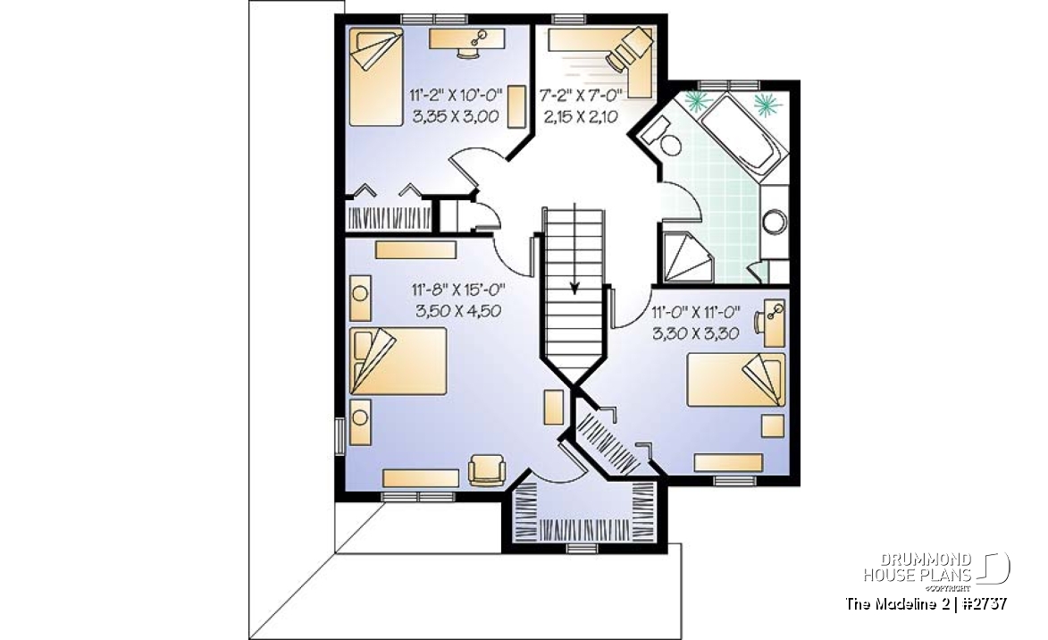 2nd level - Country house plan, 3 bedrooms, covered warparound porch, breakfast nook, formal dining room - The Madeline 2