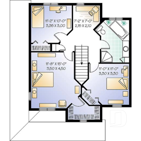 2nd level - Country house plan, 3 bedrooms, covered warparound porch, breakfast nook, formal dining room - The Madeline 2