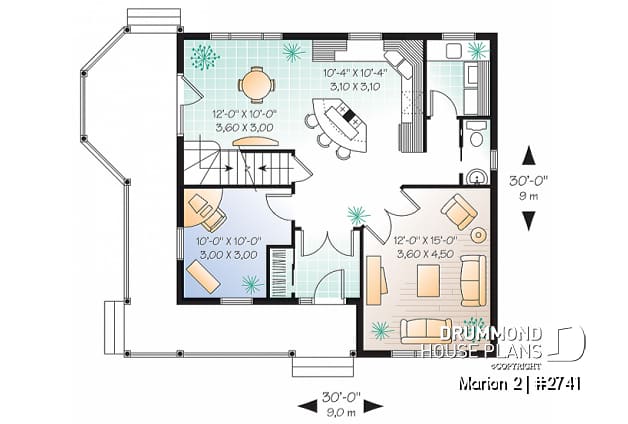 1st level - 3 bedroom farmhouse home plan, home office, closed foyer, open space, wraparound porch - Marion 2