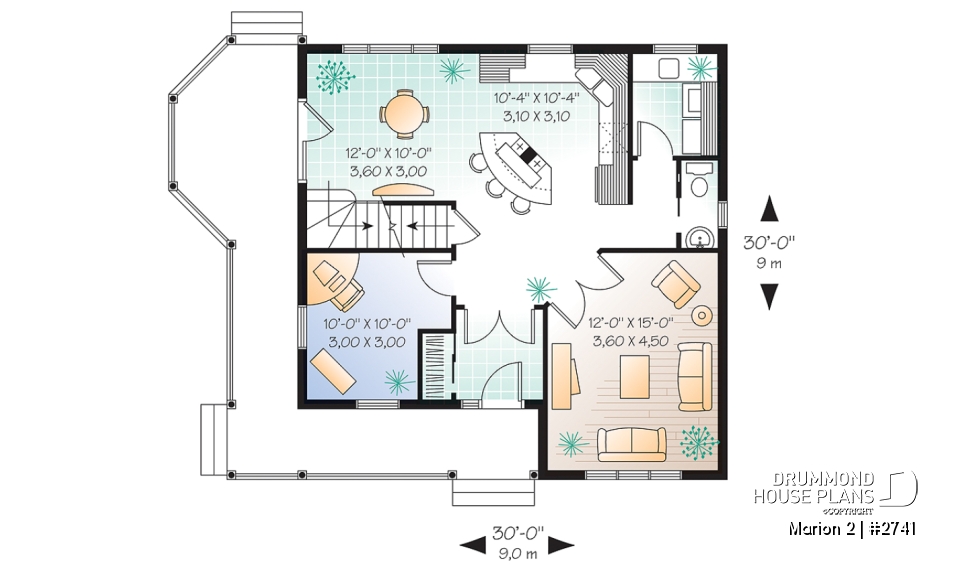 1st level - 3 bedroom farmhouse home plan, home office, closed foyer, open space, wraparound porch - Marion 2