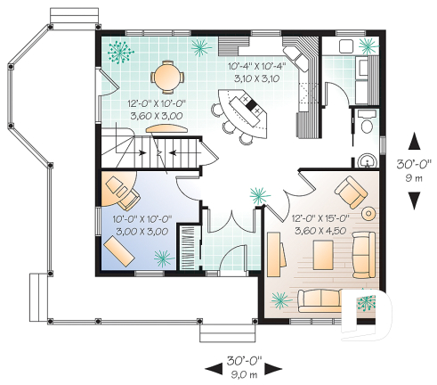1st level - 3 bedroom farmhouse home plan, home office, closed foyer, open space, wraparound porch - Marion 2