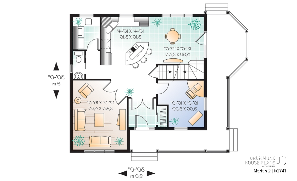 1st level - 3 bedroom farmhouse home plan, home office, closed foyer, open space, wraparound porch - Marion 2
