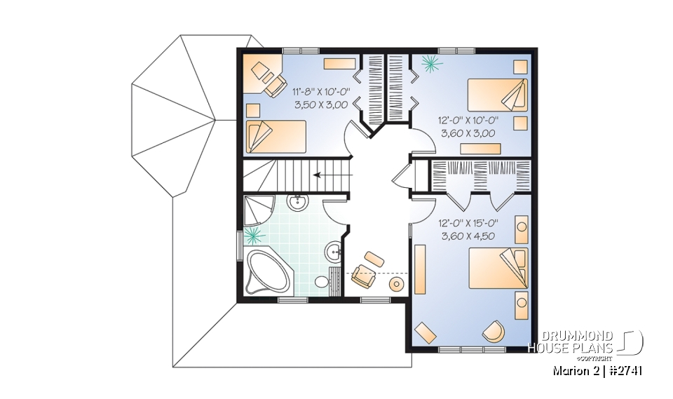 2nd level - 3 bedroom farmhouse home plan, home office, closed foyer, open space, wraparound porch - Marion 2