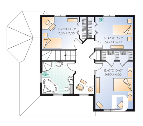 2nd level - 3 bedroom farmhouse home plan, home office, closed foyer, open space, wraparound porch - Marion 2