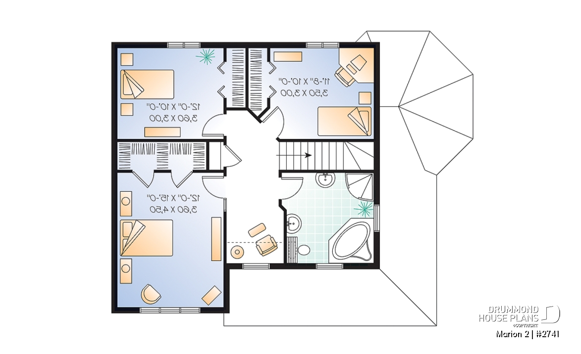 2nd level - 3 bedroom farmhouse home plan, home office, closed foyer, open space, wraparound porch - Marion 2