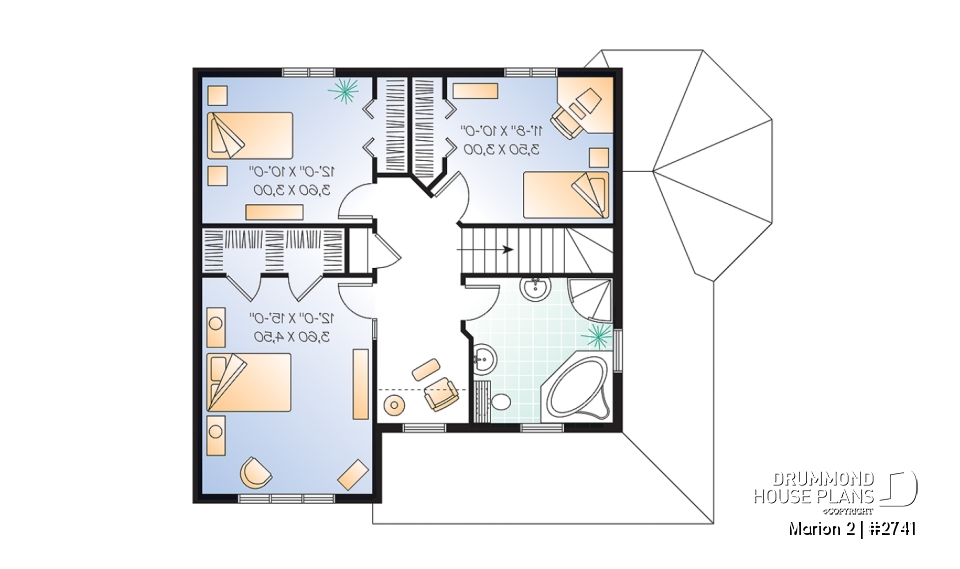 2nd level - 3 bedroom farmhouse home plan, home office, closed foyer, open space, wraparound porch - Marion 2