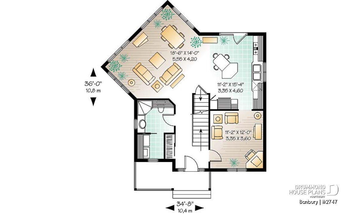 1st level - Country house plan, 3 bedrooms + home office (or game room), beautiful family room with lots of windows - Banbury