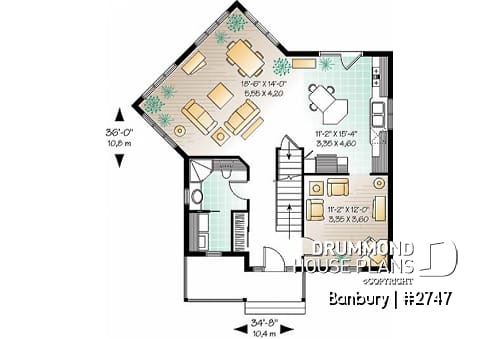 1st level - Country house plan, 3 bedrooms + home office (or game room), beautiful family room with lots of windows - Banbury