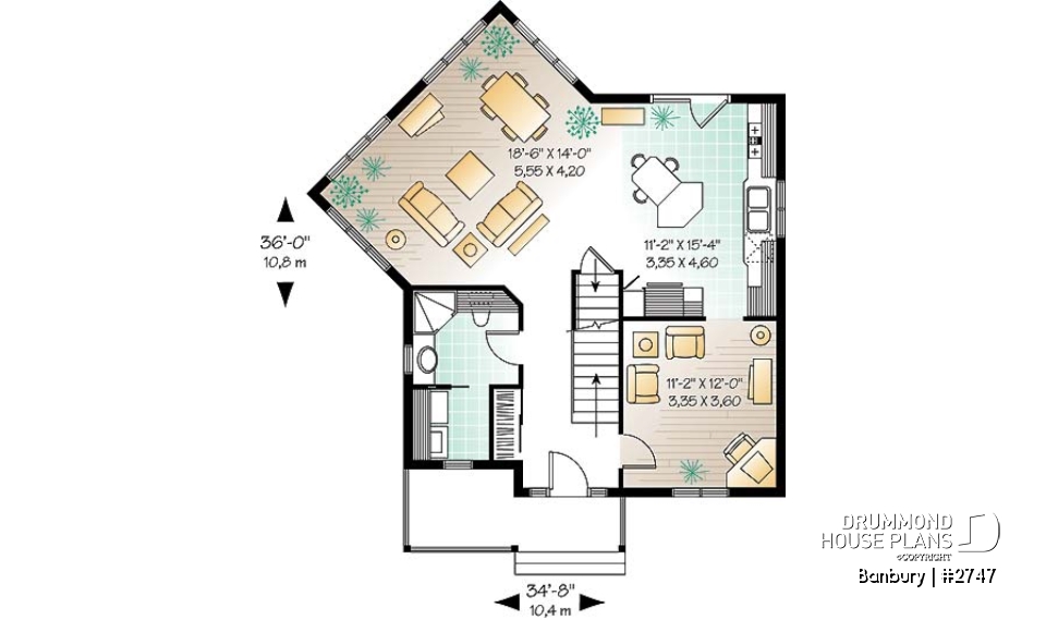 1st level - Country house plan, 3 bedrooms + home office (or game room), beautiful family room with lots of windows - Banbury