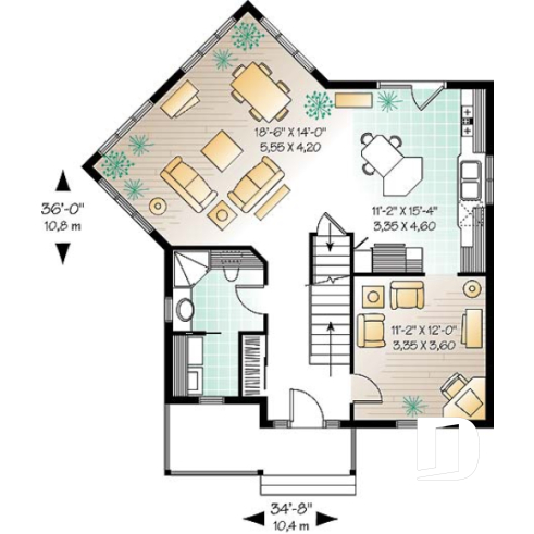 1st level - Country house plan, 3 bedrooms + home office (or game room), beautiful family room with lots of windows - Banbury