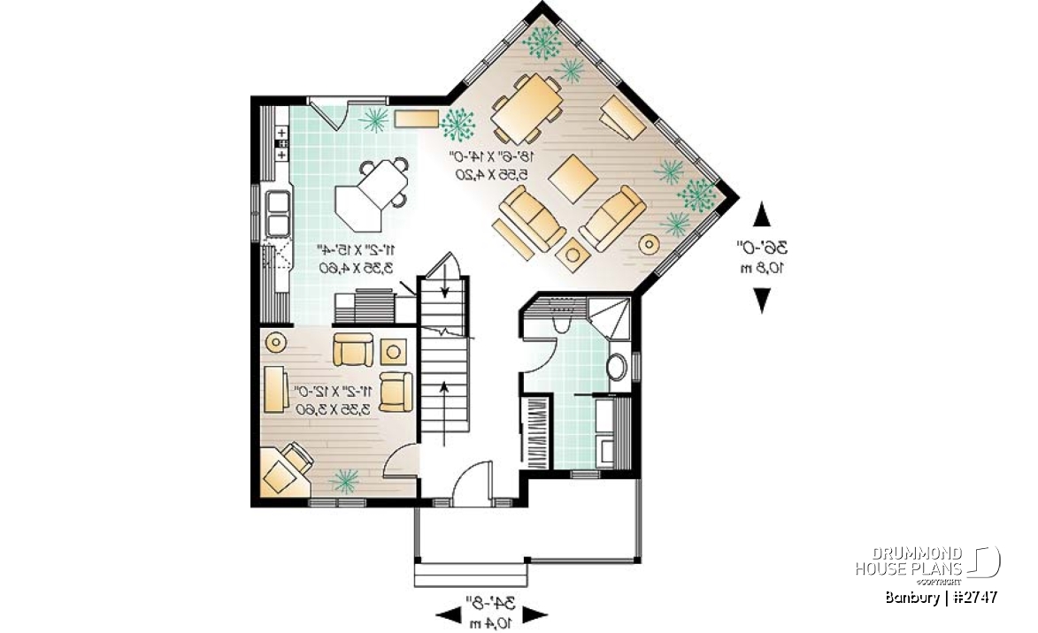 1st level - Country house plan, 3 bedrooms + home office (or game room), beautiful family room with lots of windows - Banbury