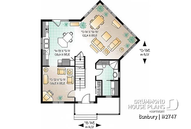 1st level - Country house plan, 3 bedrooms + home office (or game room), beautiful family room with lots of windows - Banbury