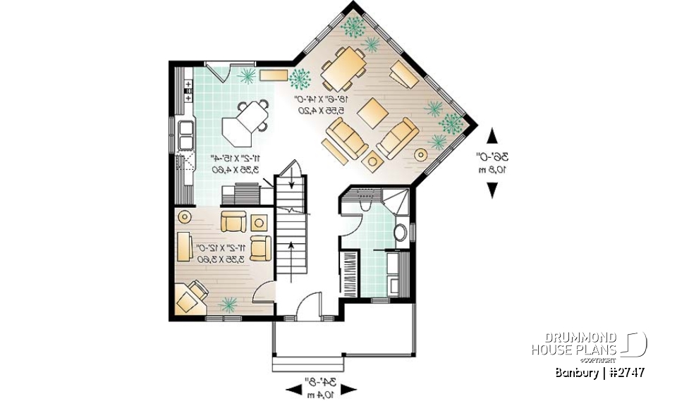 1st level - Country house plan, 3 bedrooms + home office (or game room), beautiful family room with lots of windows - Banbury