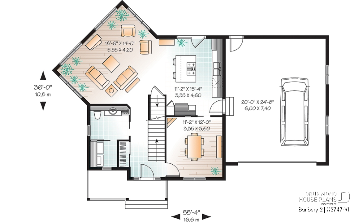 1st level - Colonial 3 bedroom home plan, 2-car garage, open floor plan concept, great kitchen - Banbury 2