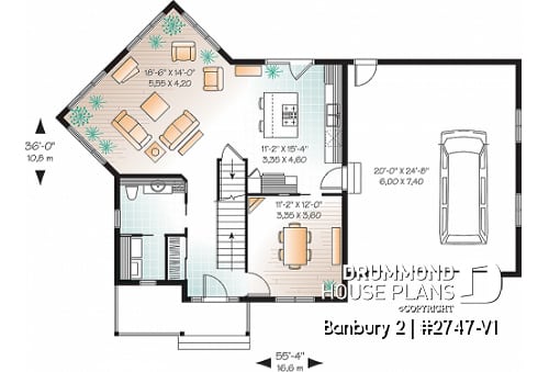 1st level - Colonial 3 bedroom home plan, 2-car garage, open floor plan concept, great kitchen - Banbury 2