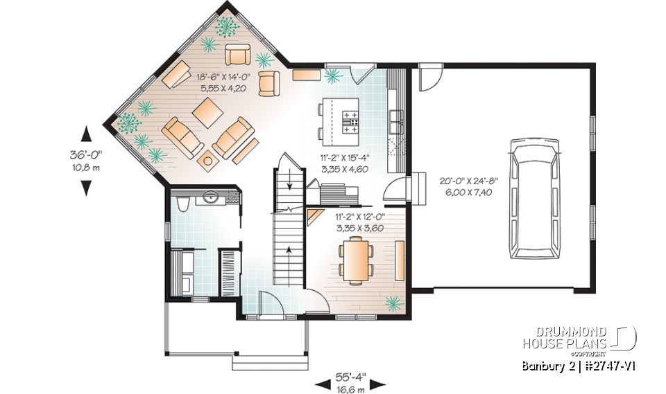 1st level - Colonial 3 bedroom home plan, 2-car garage, open floor plan concept, great kitchen - Banbury 2