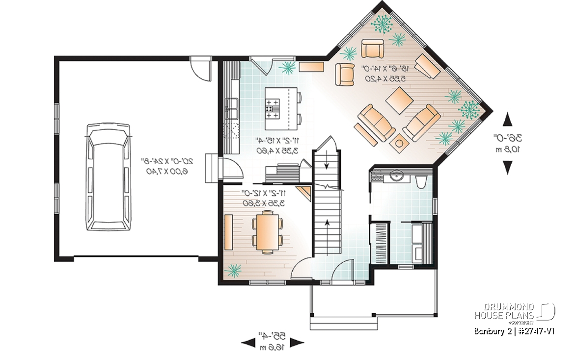 1st level - Colonial 3 bedroom home plan, 2-car garage, open floor plan concept, great kitchen - Banbury 2