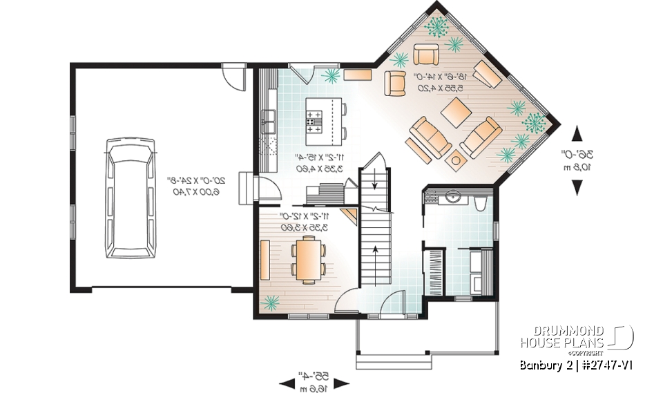 1st level - Colonial 3 bedroom home plan, 2-car garage, open floor plan concept, great kitchen - Banbury 2