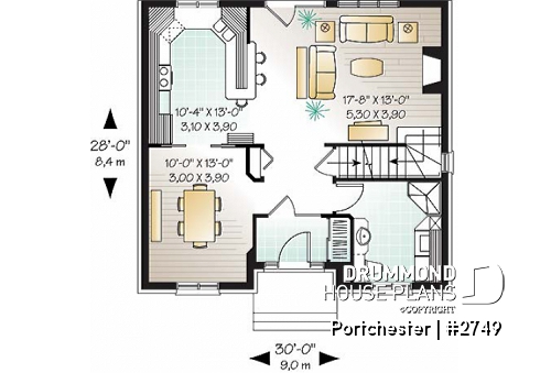 1st level - European style house plan with 3 bedrooms, 9' ceilings on main floor and stylish windows - Portchester
