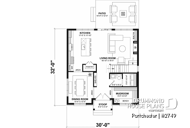 1st level - Modern cozy farmhouse plan with 4 bedrooms, 2.5 baths, 9' ceilings on main floor and pantry in kitchen - Portchester