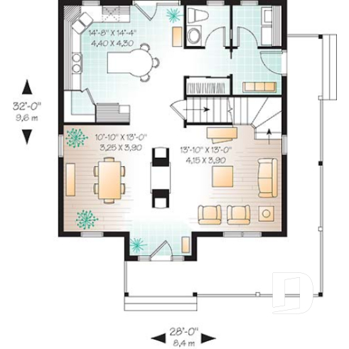 1st level - 3 Bedroom traditional home plan with office space on second floor, two-side fireplace on main floor - The Madeline 4