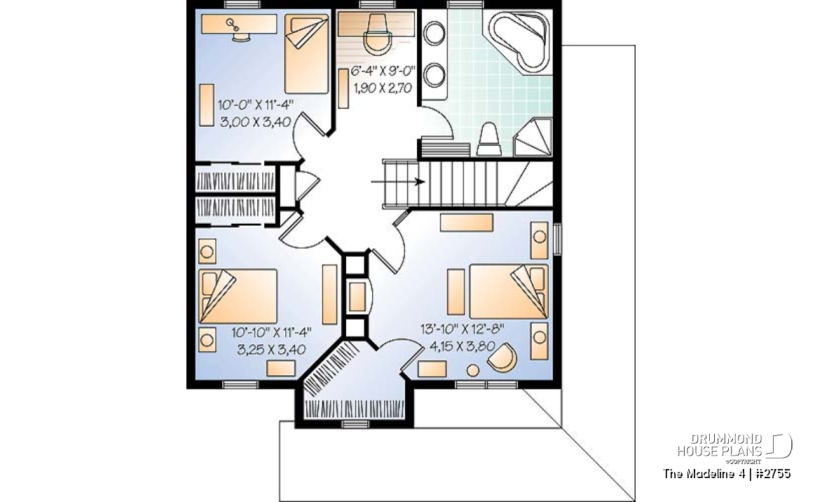 2nd level - 3 Bedroom traditional home plan with office space on second floor, two-side fireplace on main floor - The Madeline 4
