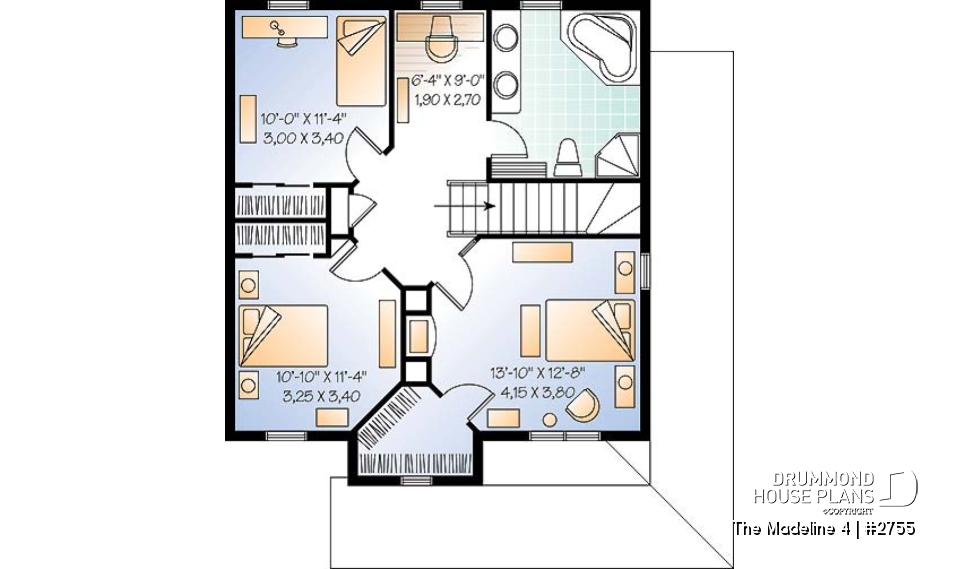 2nd level - 3 Bedroom traditional home plan with office space on second floor, two-side fireplace on main floor - The Madeline 4