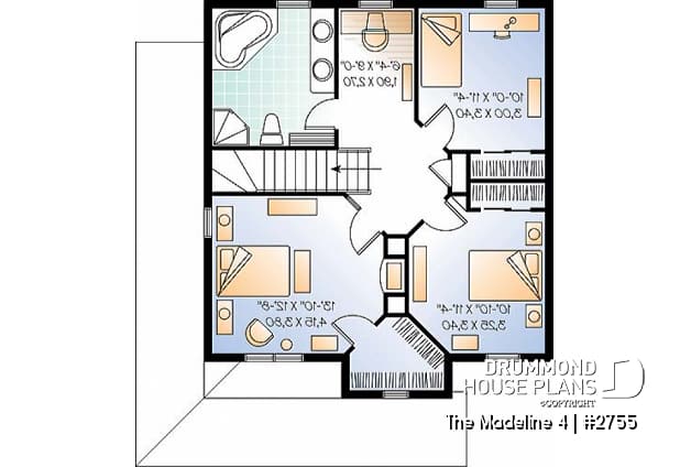 2nd level - 3 Bedroom traditional home plan with office space on second floor, two-side fireplace on main floor - The Madeline 4