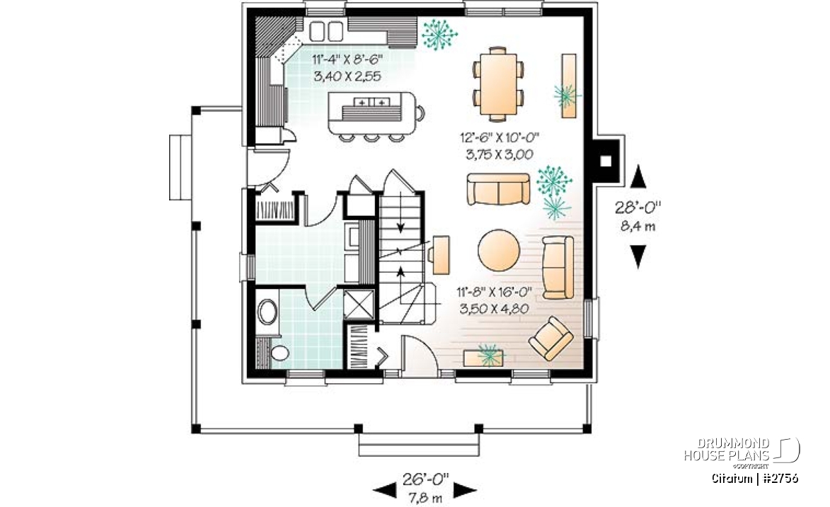 1st level - Two-storey english style inspired house plan, large kitchen with island, 3 bedrooms, 2 walk-ins, open concept - Citatum
