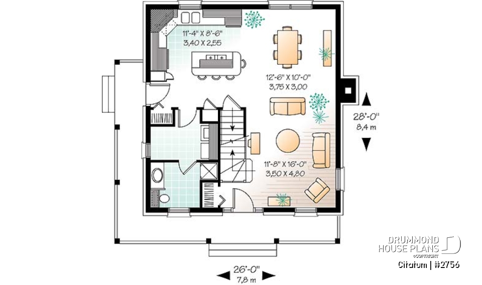 1st level - Two-storey english style inspired house plan, large kitchen with island, 3 bedrooms, 2 walk-ins, open concept - Citatum
