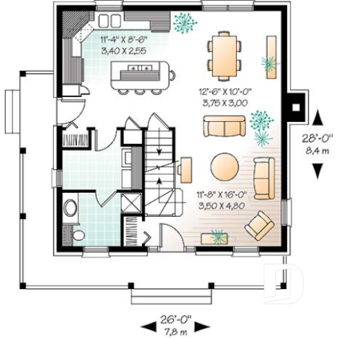 1st level - Two-storey english style inspired house plan, large kitchen with island, 3 bedrooms, 2 walk-ins, open concept - Citatum