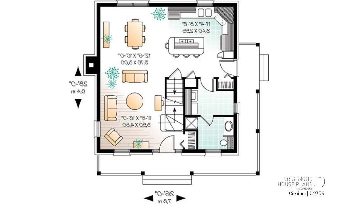 1st level - Two-storey english style inspired house plan, large kitchen with island, 3 bedrooms, 2 walk-ins, open concept - Citatum
