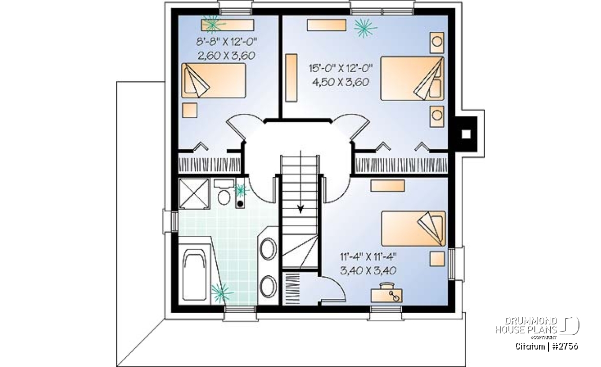 2nd level - Two-storey english style inspired house plan, large kitchen with island, 3 bedrooms, 2 walk-ins, open concept - Citatum